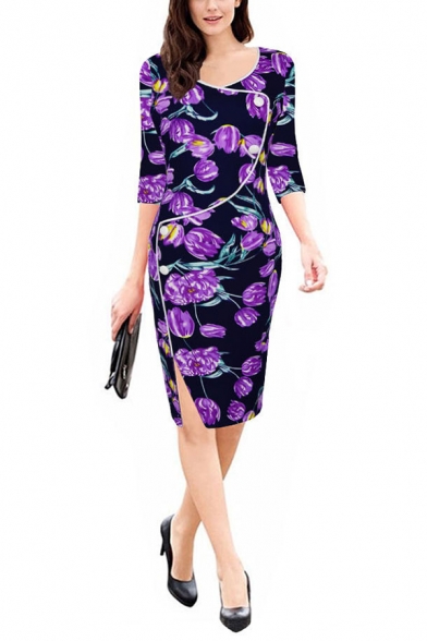 Womens Elegant Fashion Floral Printed Round Neck Long Sleeve Irregular Button Embellished Midi Pencil Dress