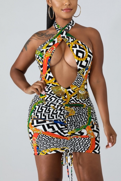Womens Fancy Colorful Printed Sexy Cutout Halter Neck Open Back Drawstring Front Mini Bodycon Dress