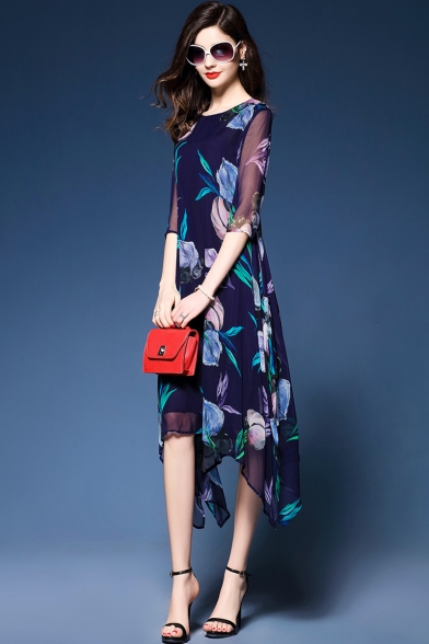 Womens Fancy Royal Blue Floral Printed Round Neck Half Sleeve Midi Silk Asymmetrical Dress