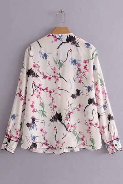 Womens Fancy White Floral Pattern Ruffled V-Neck Long Sleeve Casual Loose Blouse Top
