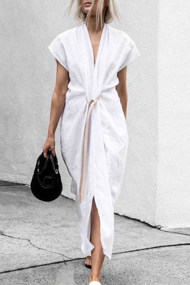 Womens Fashion Chic Simple Plain V-Neck Short Sleeve Tied Waist Maxi Casual Kimono Dress