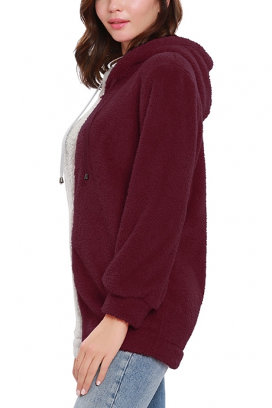 Womens Fashion Two-Tone Color Block Long Sleeve Zip Up Fitted Fluffy Fleece Hoodie
