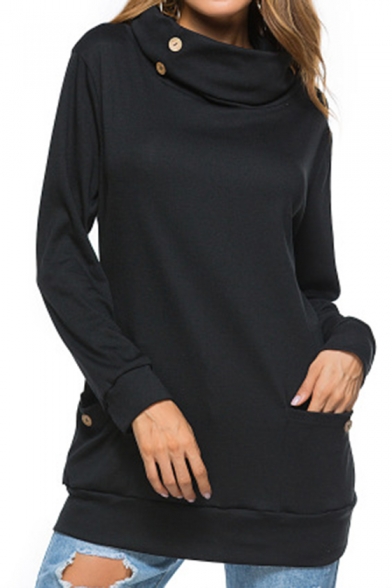 Womens Popular Button Cowl Neck Long Sleeve Plain Loose Fit Sweatshirt