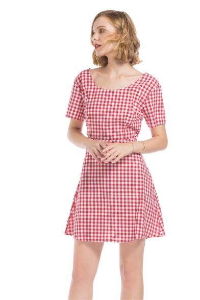 Womens Red Plaid Print Round Neck Short Sleeve Cutout Back Mini A-Line Dress