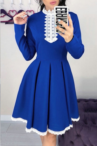 Womens Retro Plain Chic Lace-Trimmed Long Sleeve Midi A-Line Dress