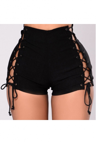 Womens Sexy High Rise Hollow Out Lace-Up Side Black Skinny Hot Pants Denim Shorts