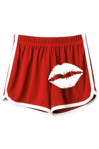 Womens Sexy Red Lip Printed Contrast Trim Elastic Waist Summer Hot Pants Yoga Shorts