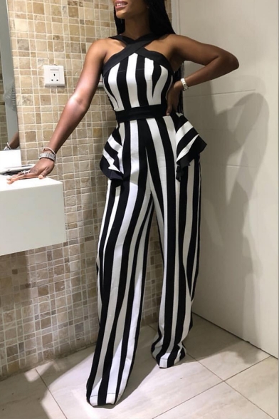 Womens Stylish Black Sleeveless Crisscross Back Striped Printed Sexy Jumpsuits