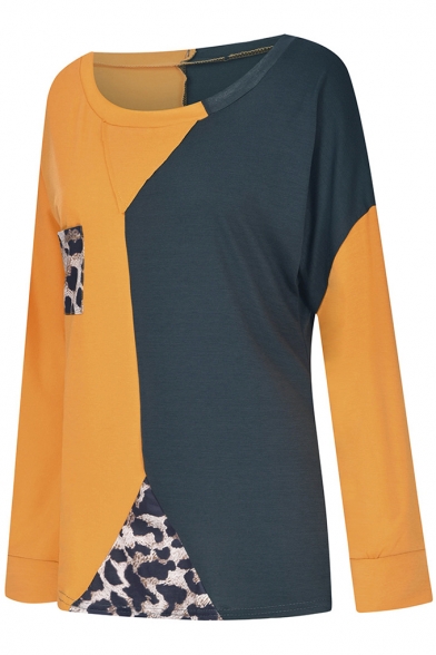 Womens Stylish Color Block Leopard Patched Round Neck Long Sleeve Loose Tee