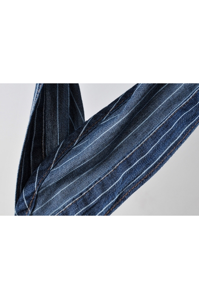 Womens Stylish Dark Blue Striped Printed Long Sleeve Button Down Tied Shirt