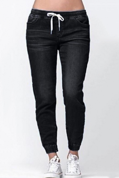 Womens Stylish Drawstring Waist Elastic Cuff Regular Fit Jeans