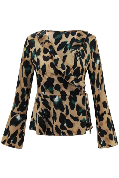 Womens Stylish Leopard Printed Ruffled Tied Surplice V-Neck Flared Long Sleeve Blouse