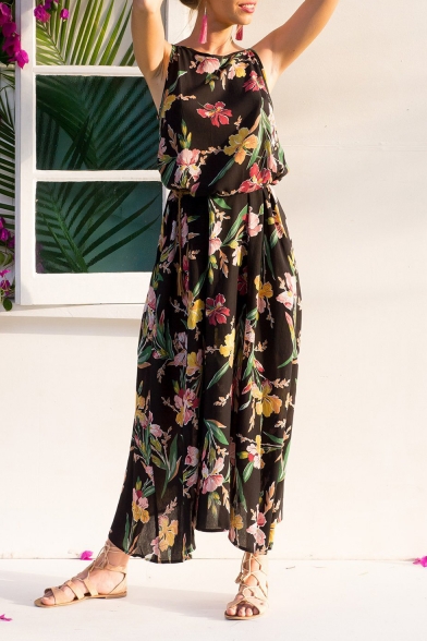 Womens Summer Holiday Fashion Black Floral Printed Maxi Cami Beach Dress