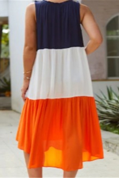 Womens Summer Popular Color Block Round Neck Sleeveless Midi Swing Tank Dress