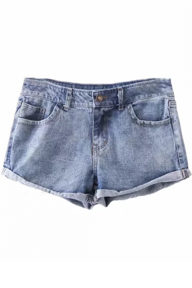 Womens Summer Vintage Light Blue Rolled Cuff Hot Pants Denim Shorts