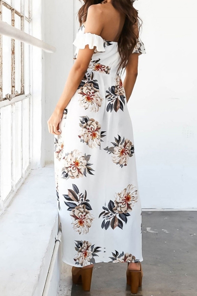 Womens Trendy Holiday White Tropical Leaf Printed Sexy Off the Shoulder Split Side Asymmetrical Dress