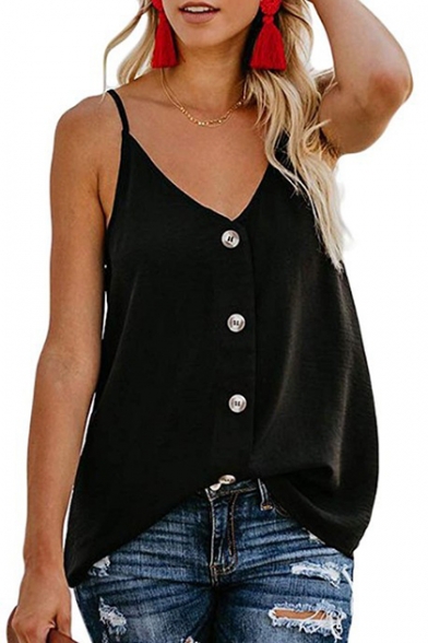 Womens Trendy Simple Plain V-Neck Button Down Loose Fit Cami Top