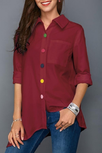 Womens Unique Funny Colorful Button Front Spread Collar Long Sleeve Asymmetrical Hem Shirt