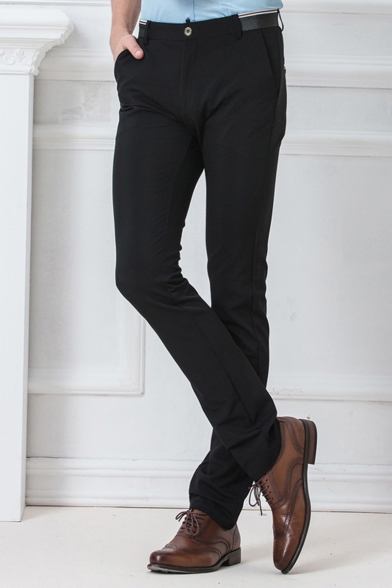 Basic Simple Plain Men's Slim Fitted Straight Business Dress Pants