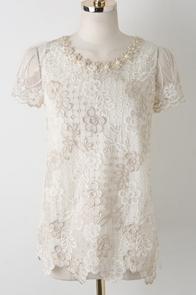 Beige Chic Pearl Embellished Round Neck Short Sleeve Crochet Chiffon T-Shirt