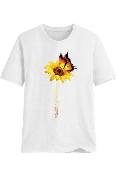 Butterfly Sunflower Pattern Round Neck Short Sleeve Loose Relaxed T-Shirt