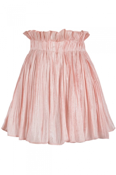 Chic Simple Plain Ruffled Elastic Waist Mini A-Line Pleated Flared Skirt with Liner