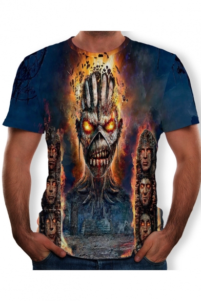 Creative Cool 3D Fire Skull Printed Round Neck Short Sleeve Blue T-Shirt