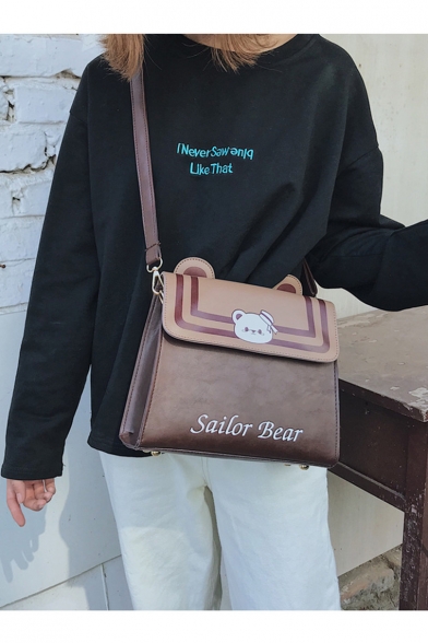 Cute Cartoon Bear Letter SAILOR BEAR Stripe Printed Brown Crossbody Messenger Bag 23*10*20 CM