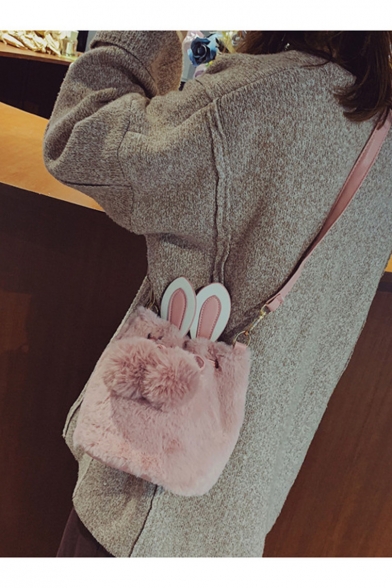 Cute Rabbit Ear Patched Solid Color Plush Crossbody Bucket Bag for Girls 18*17*17 CM