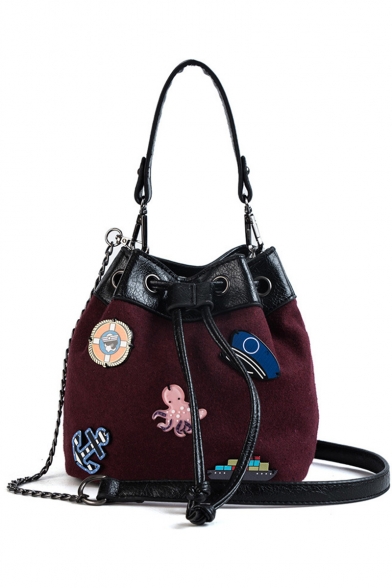 Fashion Badge Embellishment Velvet Drawstring Crossbody Bucket Handbag with Strap 17*18*13 CM