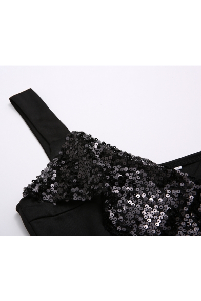 Fashion Hot Sexy Black Sleeveless Plunge V Neck Beading Embellished Split Mesh Patch Maxi Straps Dress