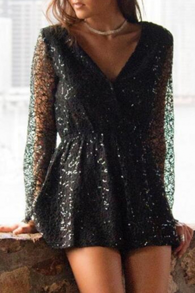 Fashion Hot Sexy Plunge V Neck Long Sleeve Sequin Embellished Gather Waist Cutout Lace Rompers