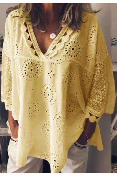 Fashion Lace Trim Hollow Out Crochet V-Neck Oversized Loose Plain Blouse Top for Women