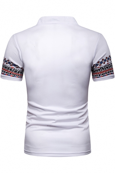 Fashion Tribal Print Short Sleeve V-Neck Stand Collar Mens Fitted Polo