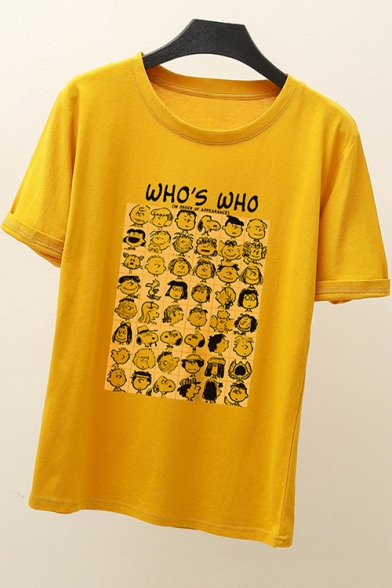 Funny Cartoon Letter WHO'S WHO Pattern Cotton Short Sleeve Tee