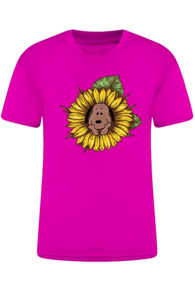 Funny Unique Dog Sunflower Pattern Round Neck Short Sleeve Casual Loose T-Shirt