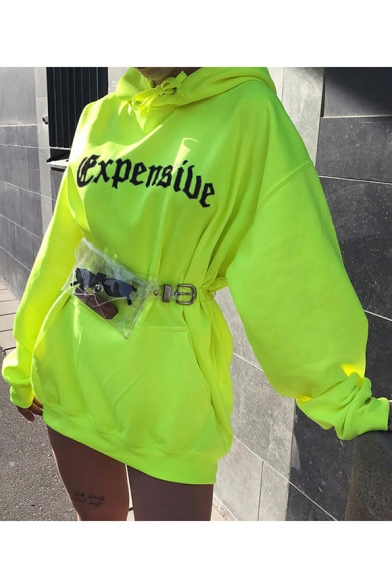 Girls Cool Street Style Letter EXPENSIVE Print Long Sleeve Flourescent Green Long Hoodie