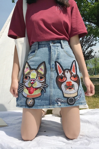 Girls Cute Cartoon Dog Embroidery Light Blue Mini A-Line Denim Skirt