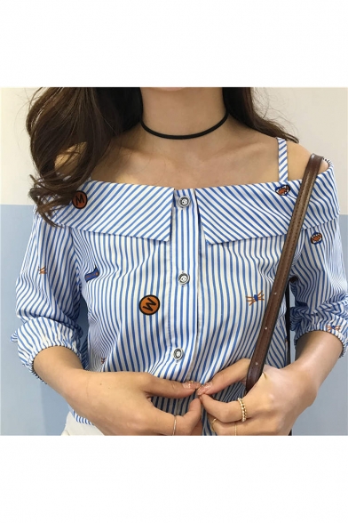 Girls Fashion Straps Boat Neck Button Front Blue Striped Blouse Shirt