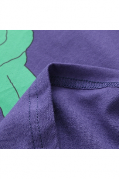 Girls Funny Cartoon Green Figure Printed Short Sleeve Purple Tee