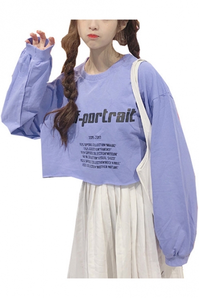 Girls Simple Letter PORTRAIT Print Round Neck Long Sleeve Loose Fit Crop Sweatshirt