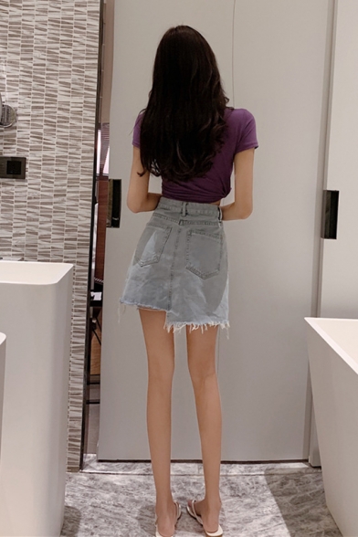 Girls Summer Trendy Light Blue Raw Hem Mini A-Line Asymmetrical Denim Skirt