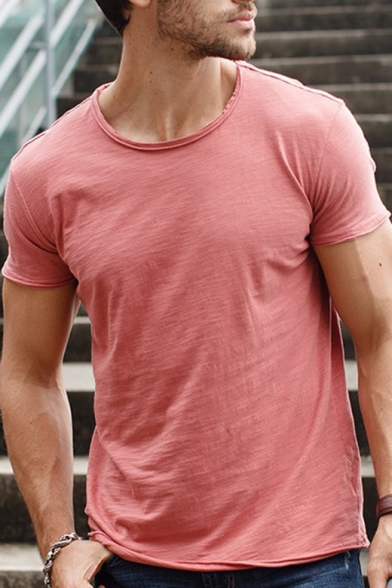 Guys Fashion Simple Plain Basic Round Neck Short Sleeve Fitted Slub Cotton T-Shirt