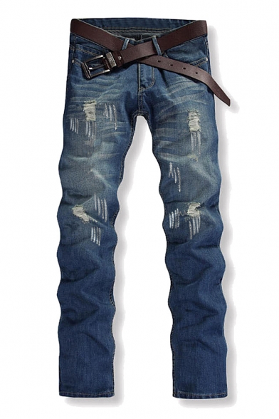 Guys Fashion Vintage Washed Regular Fit Destroyed Ripped Jeans in Blue