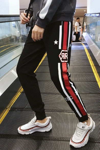 Guys Trendy Contrast Stripe Side Letter Stars Printed Black Casual Sweatpants