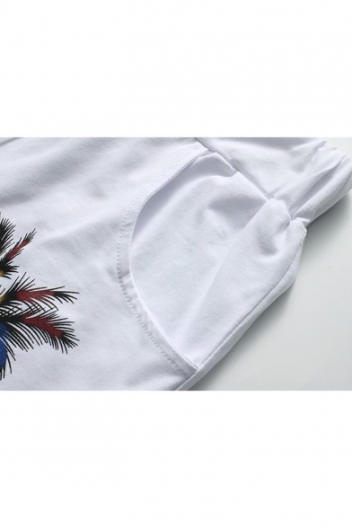 Hawaii Style Letter Tree Printed Drawstring Waist Men's Casual Cotton Beach Sweat Shorts