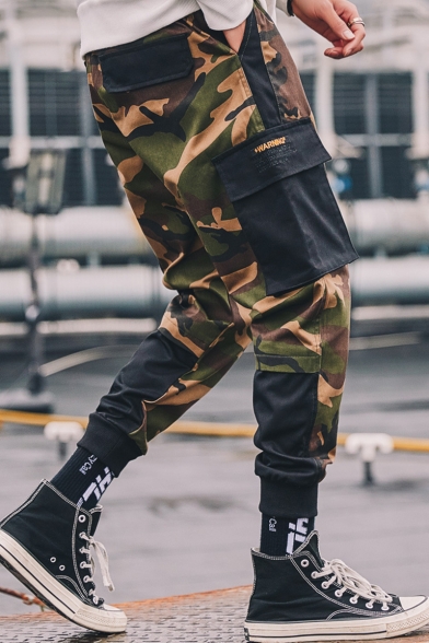 Hip Pop Style Camouflage Letter Printed Flap Pocket Army Green Cotton Cargo Pants