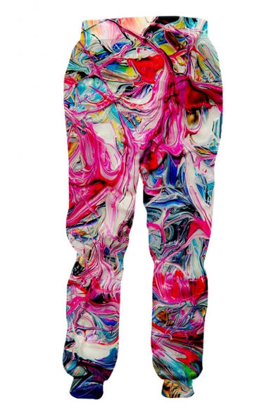 Hot Fashion Creative Colorful Pigment 3D Printed Pink Casual Joggers Sweatpants