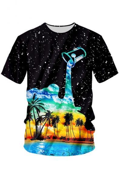 Hot Popular Black Starry Dropped Coconut Palm Print Round Neck Short Sleeve Tee