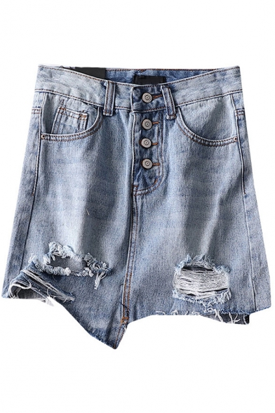 

Hot Popular Womens Chic Dusy Blue Button Down Ripped Asymmetric Tassel Hem Mini Denim Skirt, LM549918